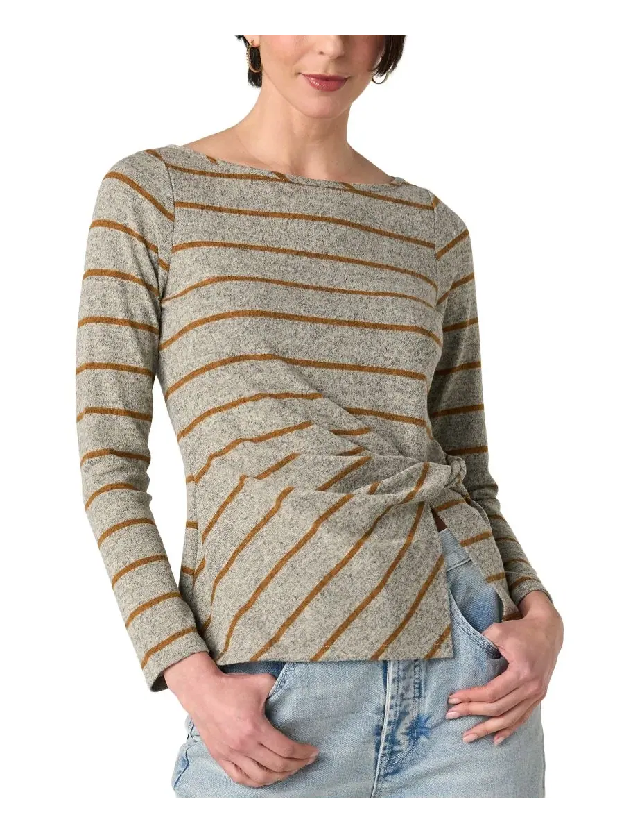 Блуза с лодочкой и длинным рукавом, с полосатым принтом, Petite Boat Neck Long-Sleeve Stripe Blouse