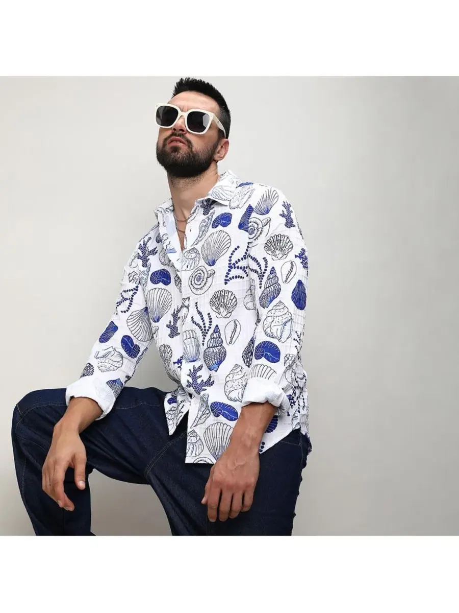 Рубашка с длинным рукавом с принтом Seashell Shirt Campus Sutra — изображение 5 из 8, белый