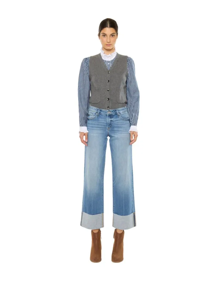 Джинсы женские кроп с широкими штанинами Kenny Mid Rise Crop Wide KanCan