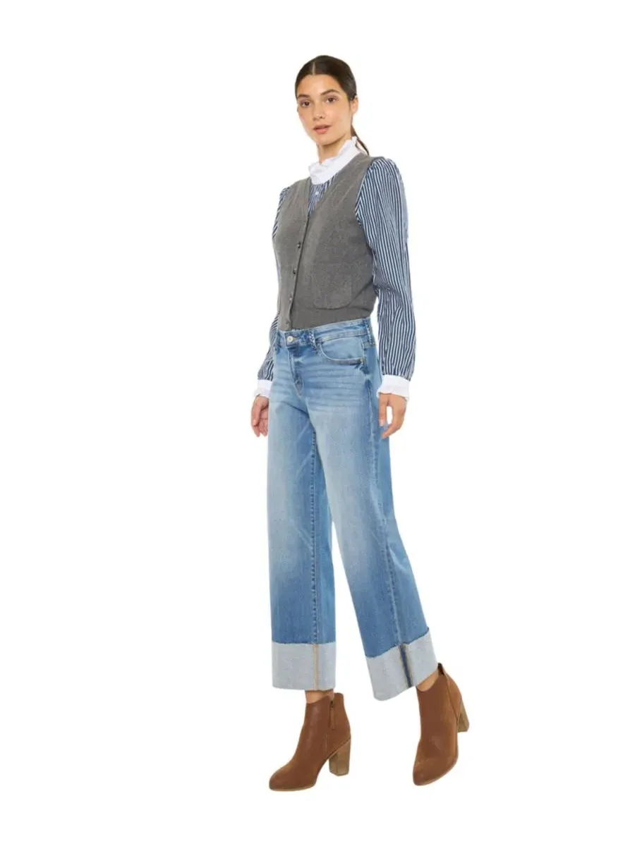 Джинсы женские кроп с широкими штанинами Kenny Mid Rise Crop Wide KanCan — изображение 3 из 8, средняя отмывка