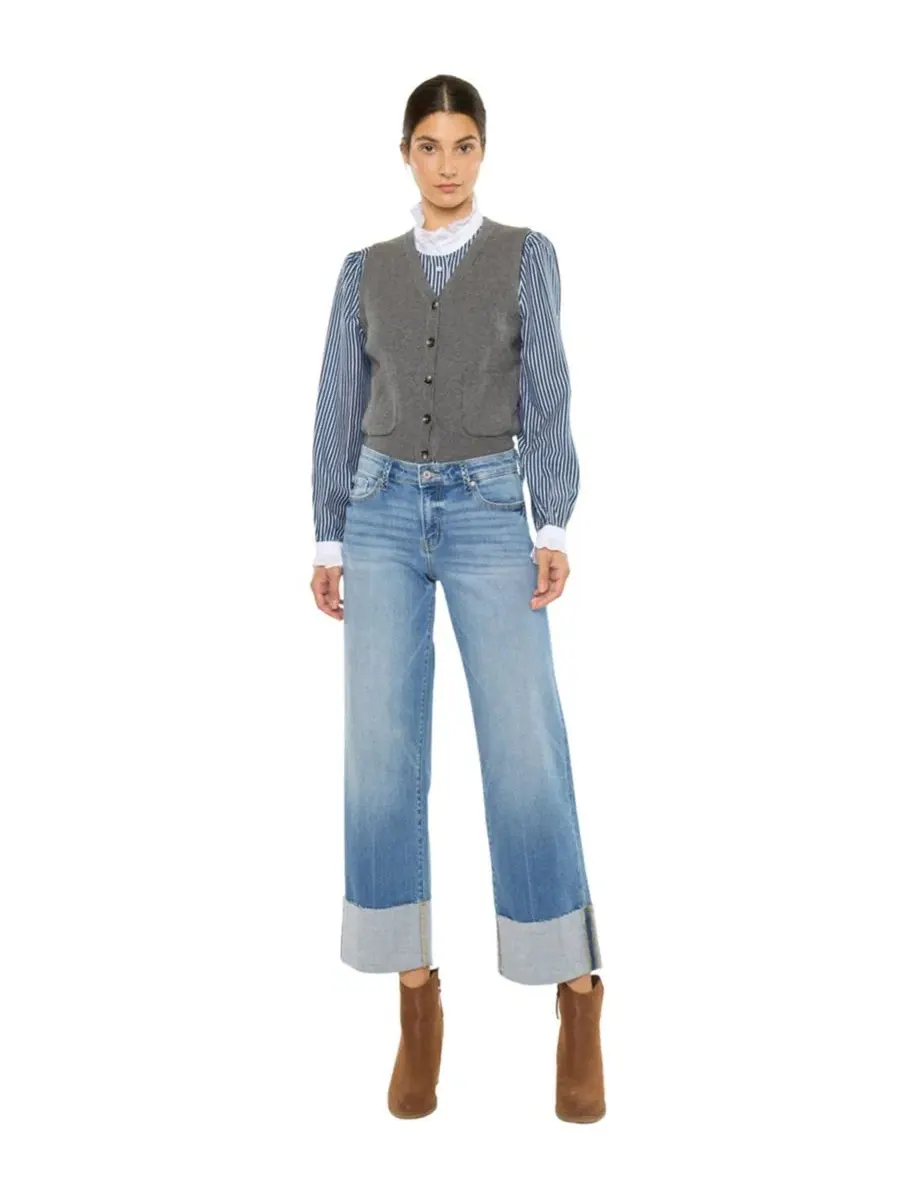 Джинсы женские кроп с широкими штанинами Kenny Mid Rise Crop Wide KanCan — изображение 4 из 8, средняя отмывка