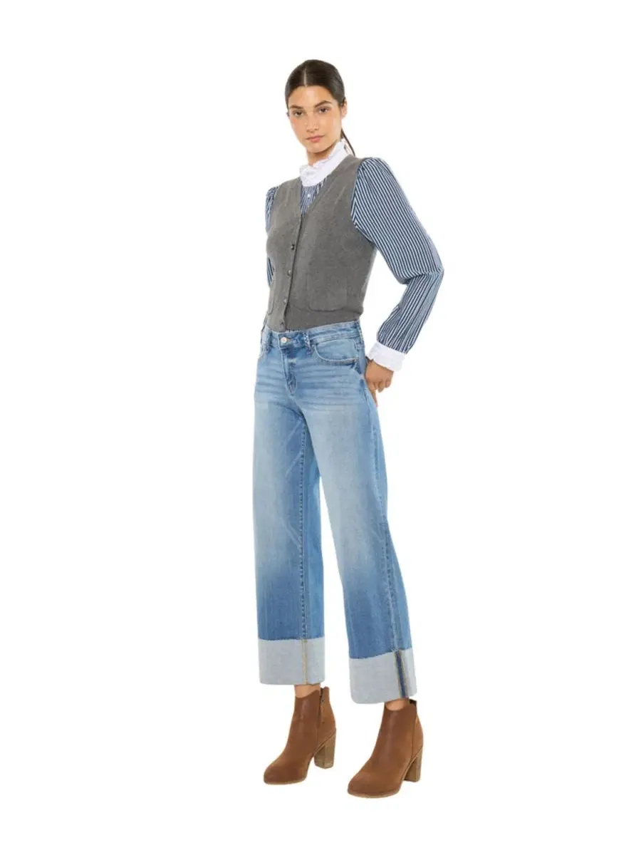 Джинсы женские кроп с широкими штанинами Kenny Mid Rise Crop Wide KanCan — изображение 6 из 8, средняя отмывка