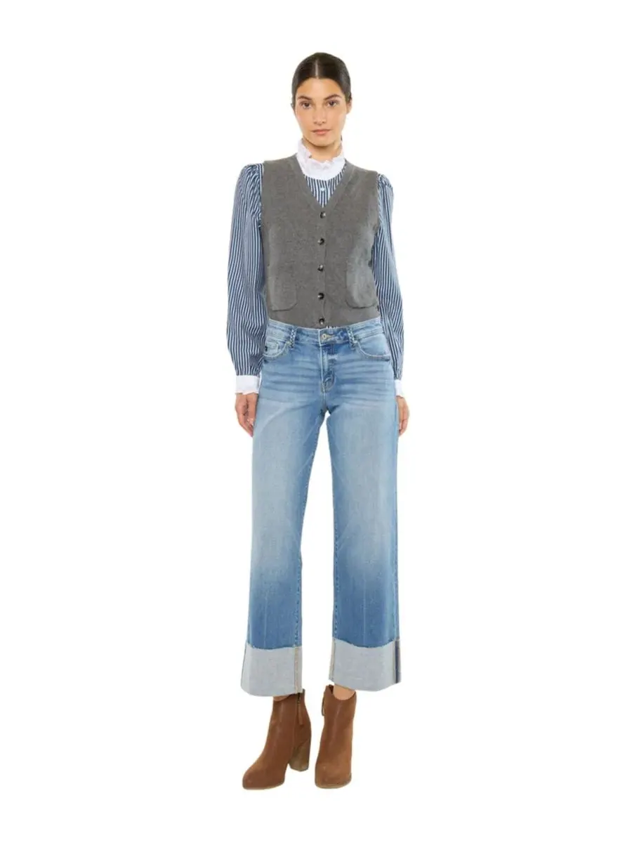Джинсы женские кроп с широкими штанинами Kenny Mid Rise Crop Wide KanCan — изображение 7 из 8, средняя отмывка