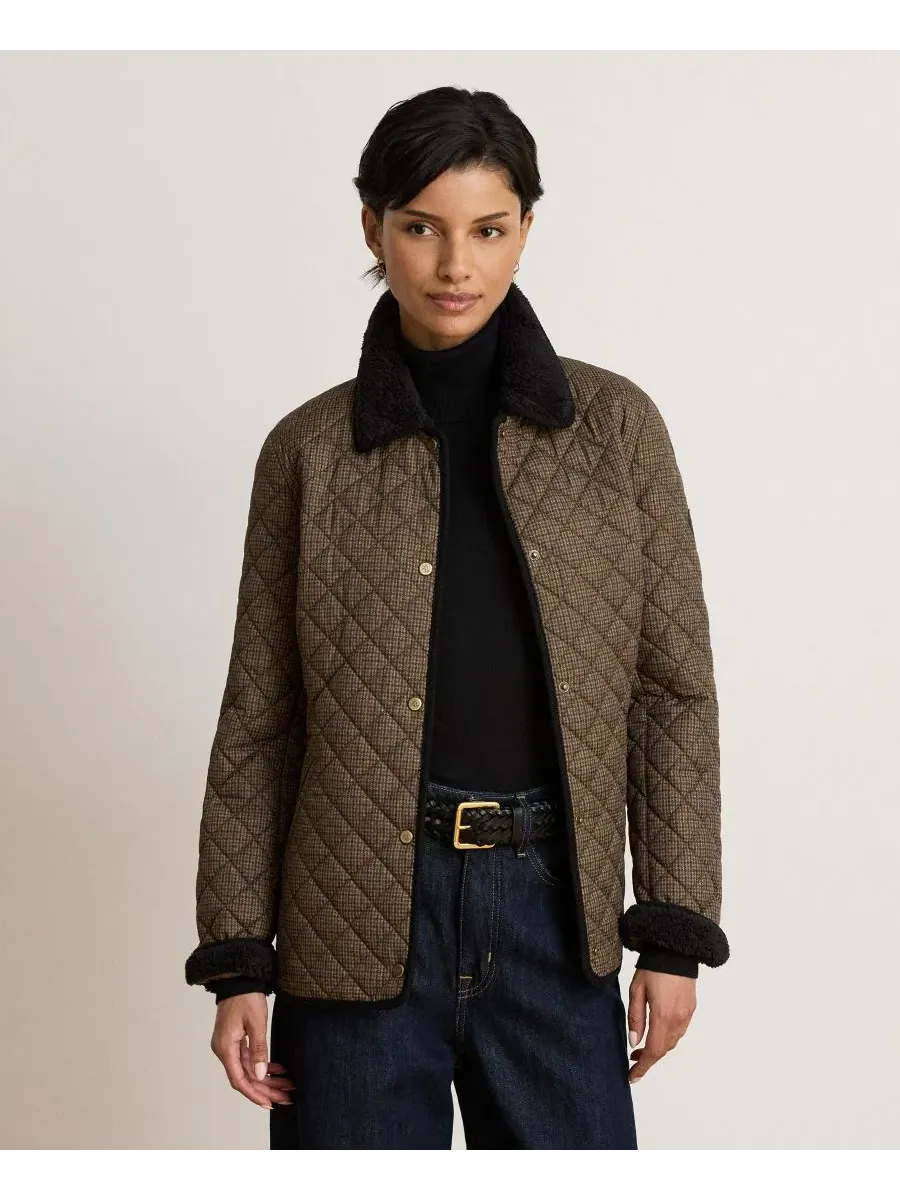 Женское стеганое пальто с воротником из искусственного меха Brown Mini Check Lauren Ralph Lauren
