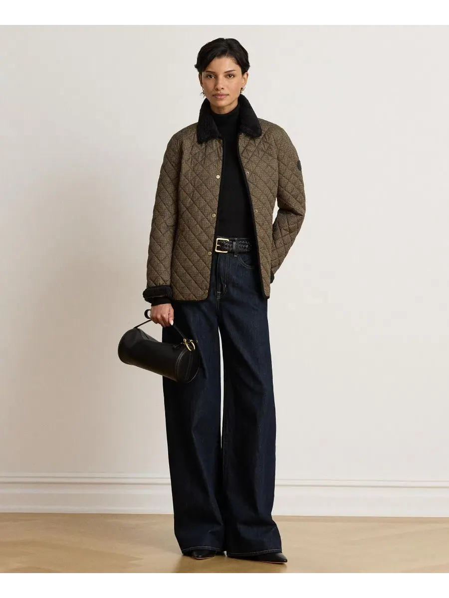 Женское стеганое пальто с воротником из искусственного меха Brown Mini Check Lauren Ralph Lauren — изображение 3 из 6