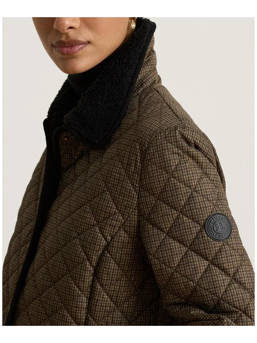 Женское стеганое пальто с воротником из искусственного меха Brown Mini Check Lauren Ralph Lauren — изображение 4 из 6