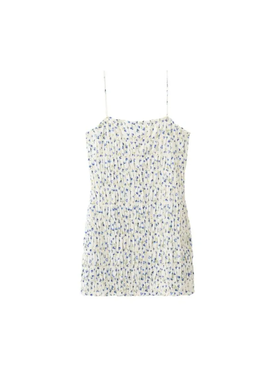 Платье мини с цветочным принтом и сборкой, модель Floral-Print Ruched Square Neck MANGO — изображение 5 из 7, синий