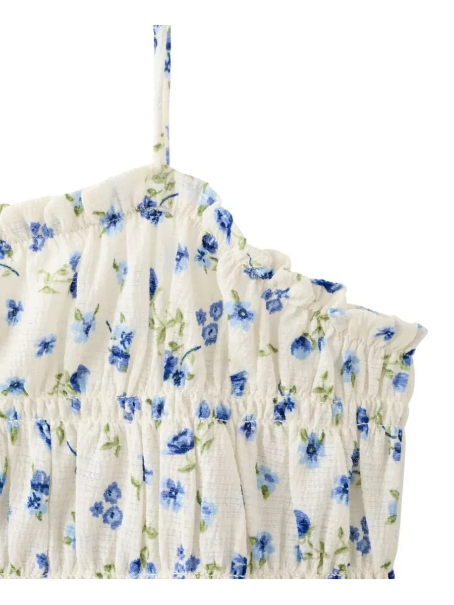 Платье мини с цветочным принтом и сборкой, модель Floral-Print Ruched Square Neck MANGO — изображение 6 из 7, синий