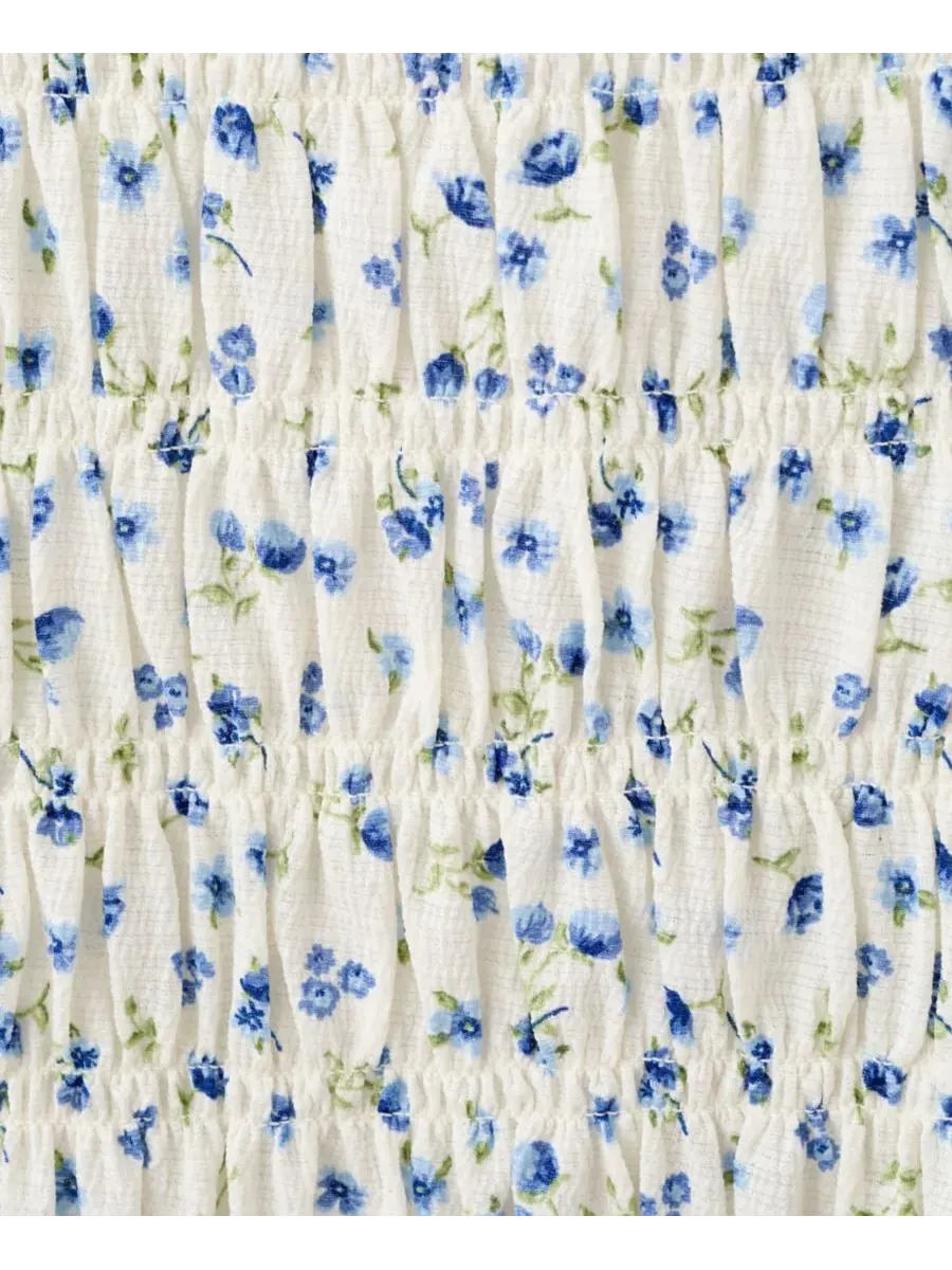 Платье мини с цветочным принтом и сборкой, модель Floral-Print Ruched Square Neck MANGO — изображение 7 из 7, синий