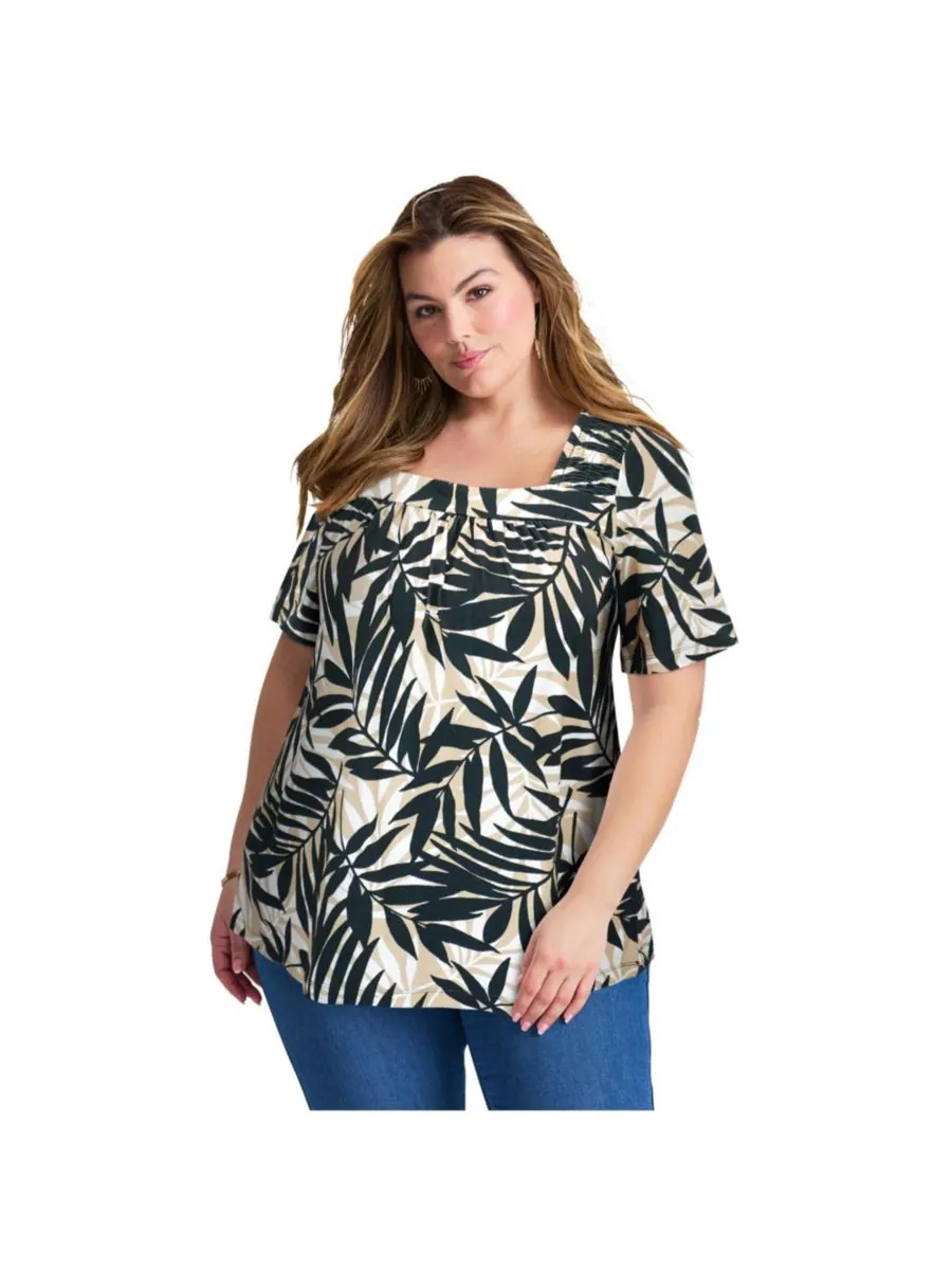Женская блузка с присборенным квадратным вырезом AVENUE, Neutral graphic leaves