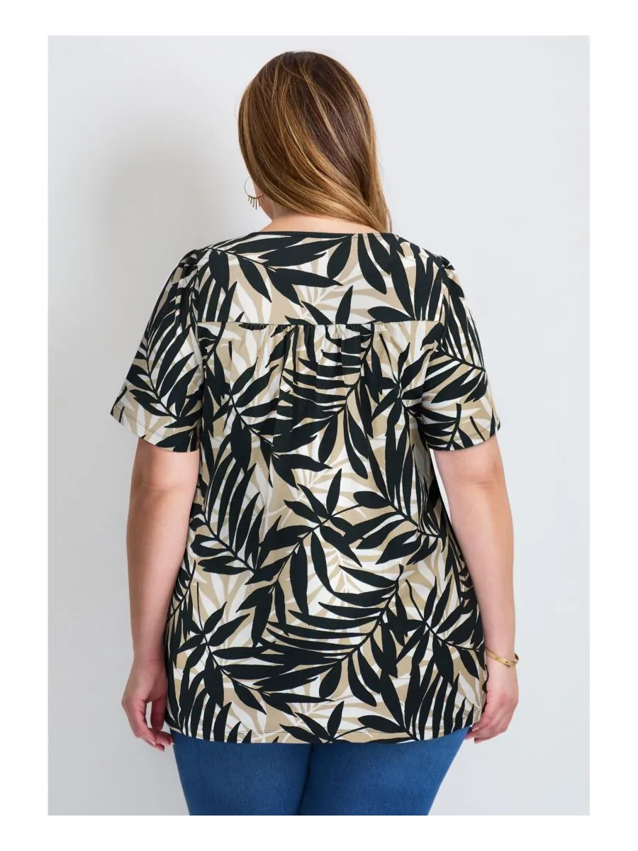 Женская блузка с присборенным квадратным вырезом AVENUE, Neutral graphic leaves — изображение 2 из 3