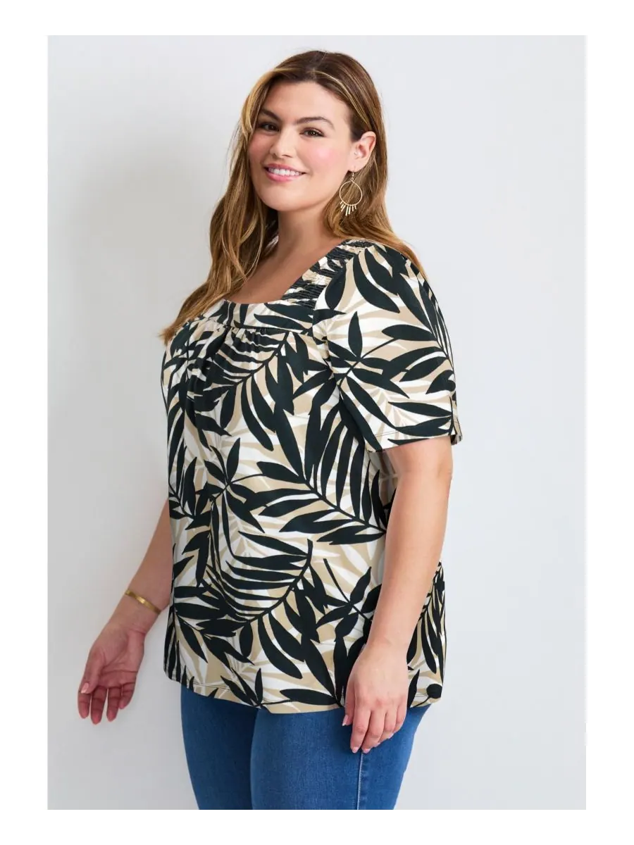 Женская блузка с присборенным квадратным вырезом AVENUE, Neutral graphic leaves — изображение 3 из 3