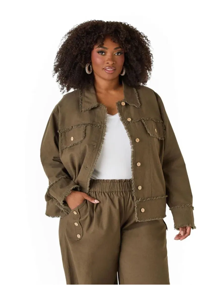 Женский джинсовый пиджак из льняной смеси с бахромой Ashley Stewart — зеленый