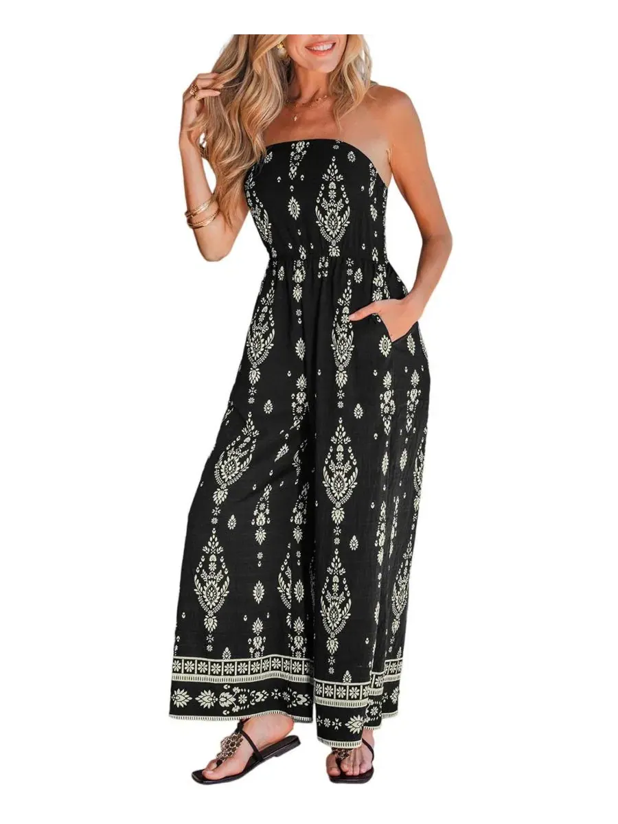 Женский комбинезон с V-образным вырезом и молнией, Bohemian Floral Strapless Wide Leg Cupshe