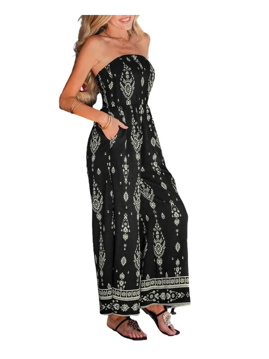 Женский комбинезон с V-образным вырезом и молнией, Bohemian Floral Strapless Wide Leg Cupshe — изображение 2 из 3, черный