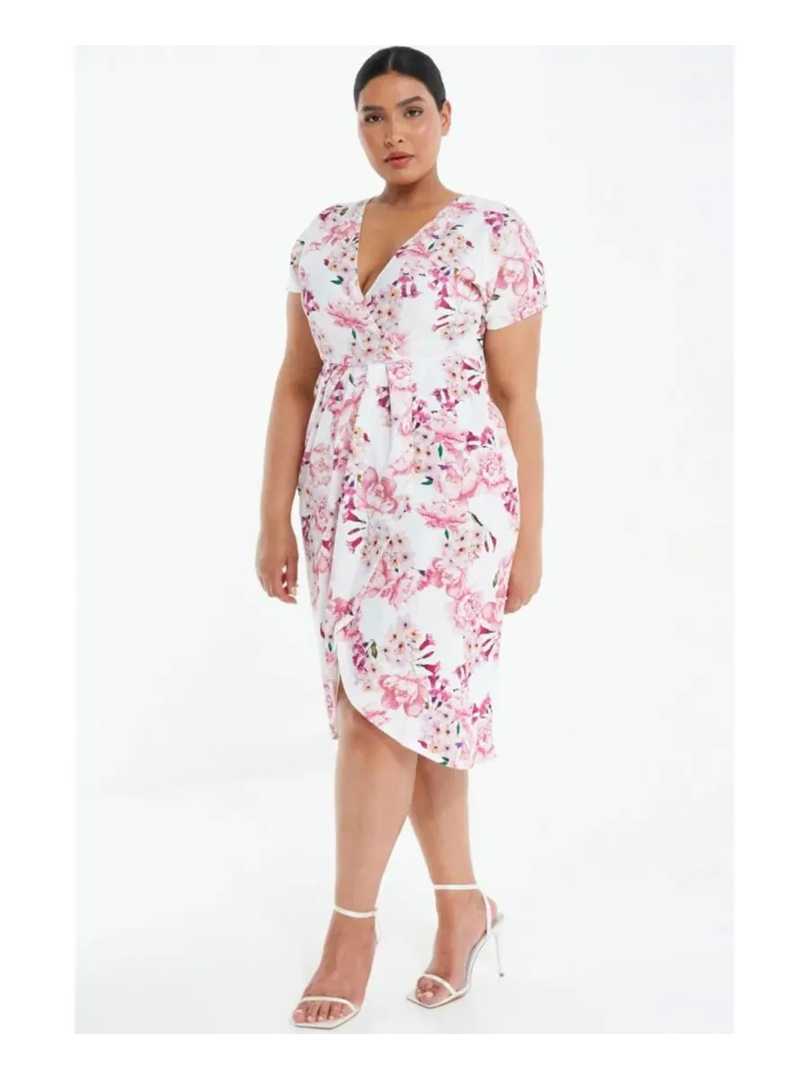 Платье-макси с запахом из флористической креп-скубки, модель Floral Scuba Crepe Wrap Maxi Dress QUIZ — серый