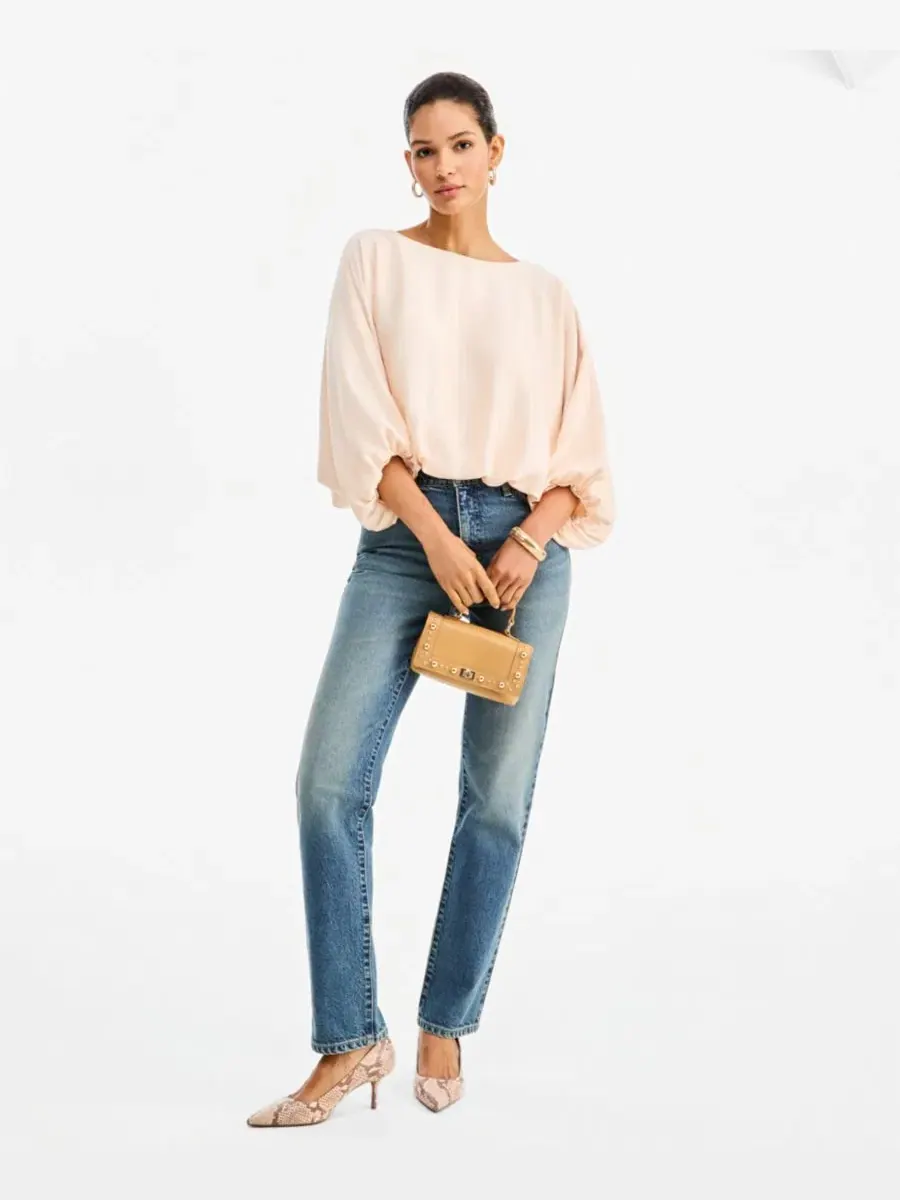 Блуза с рукавом до локтя и пузырчатым кроем, модель Elbow-Sleeve Bubble Boat Neck I.N.C — изображение 2 из 3, розовый бежевый
