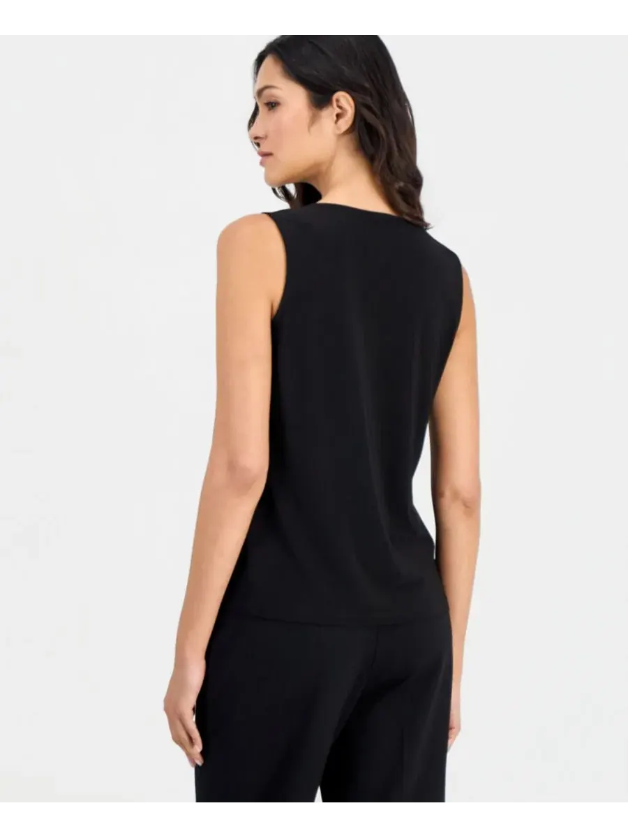 Блузка без рукавов Petite V-Neck Keyhole Sleeveless Blouse Anne Klein Essentials — изображение 2 из 4, черный