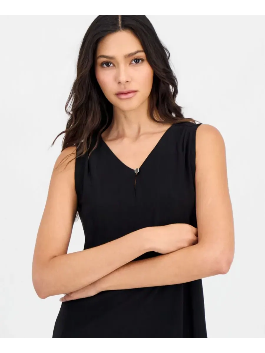 Блузка без рукавов Petite V-Neck Keyhole Sleeveless Blouse Anne Klein Essentials — изображение 3 из 4, черный
