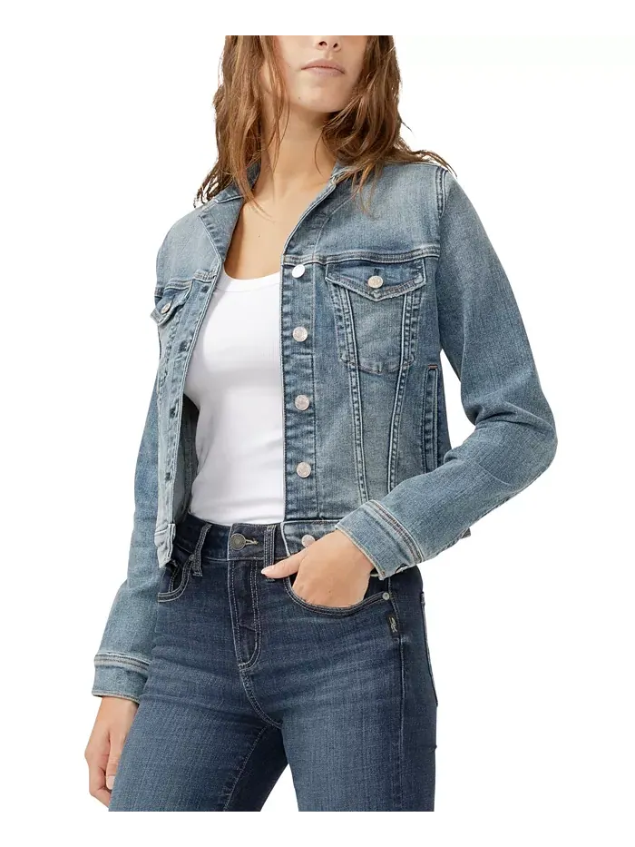 Женская укороченная джинсовая куртка с вырезом Silver Jeans Co. — изображение 3 из 5, синий