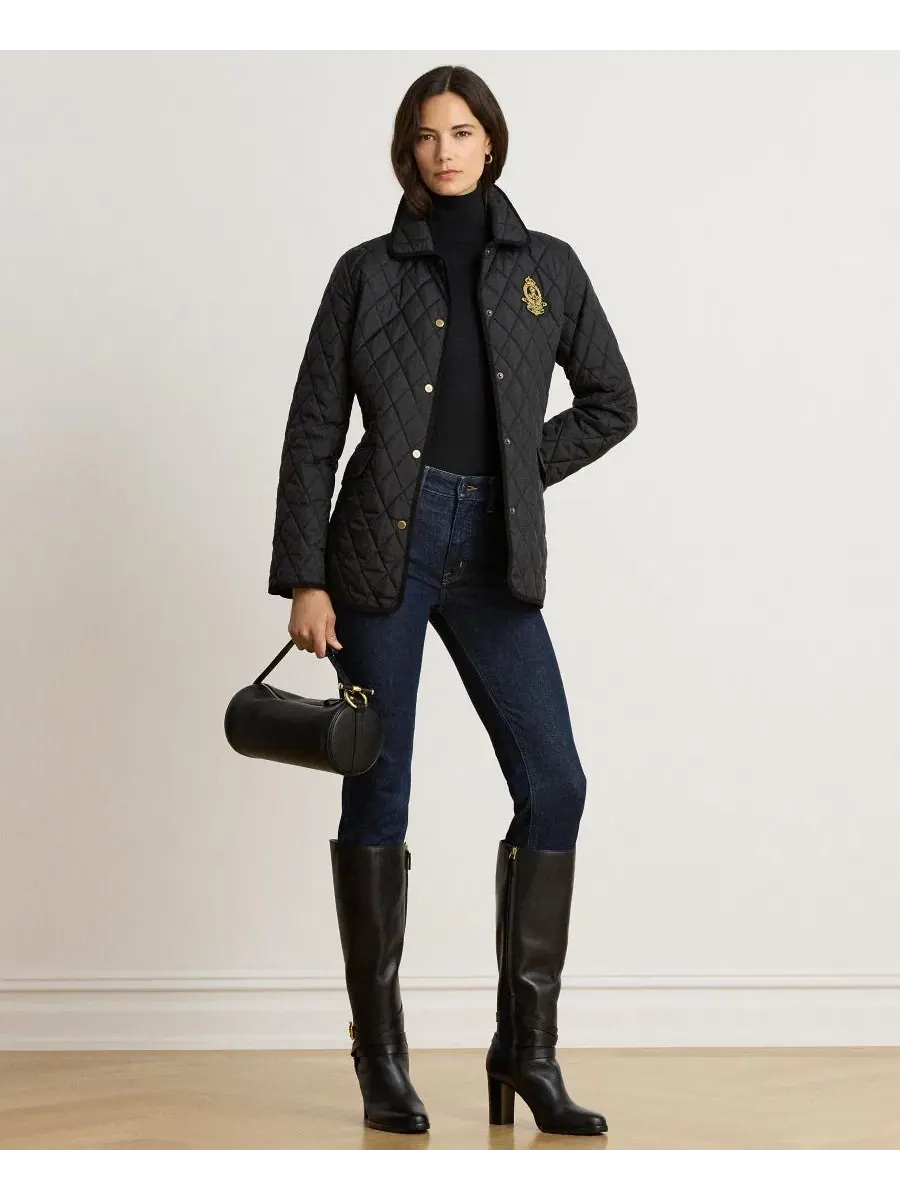 Стеганое пальто с хлопковым кантом Crested Quilted Jacket Lauren Ralph Lauren — изображение 2 из 6, черный