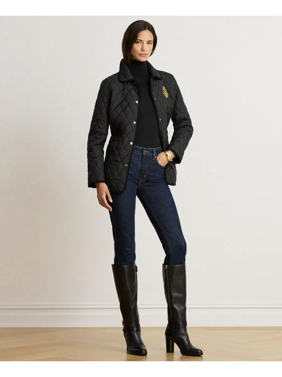 Стеганое пальто с хлопковым кантом Crested Quilted Jacket Lauren Ralph Lauren — изображение 3 из 6, черный