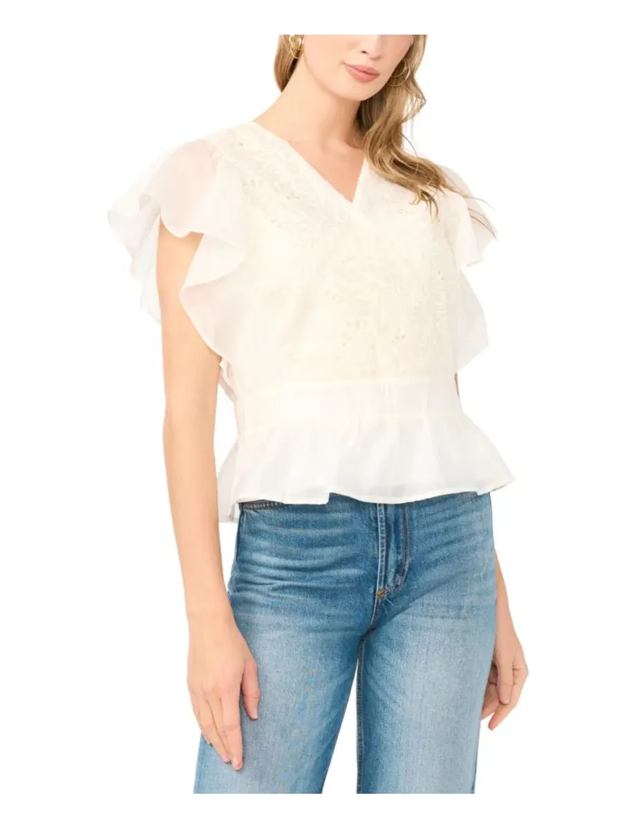 Блуза с кружевной вставкой и запахом, с пеплумом, модель Lace Front Wrap Peplum Vince Camuto