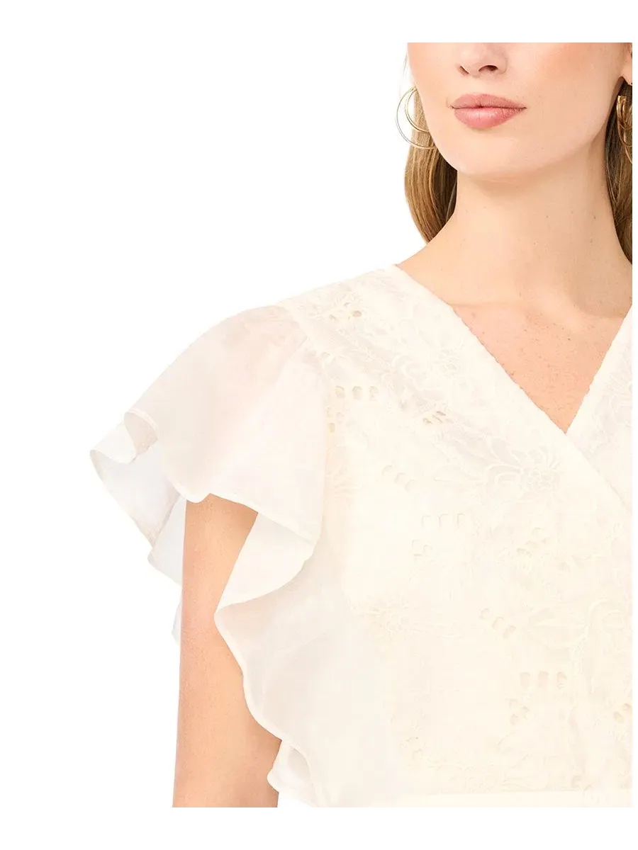 Блуза с кружевной вставкой и запахом, с пеплумом, модель Lace Front Wrap Peplum Vince Camuto — изображение 3 из 5