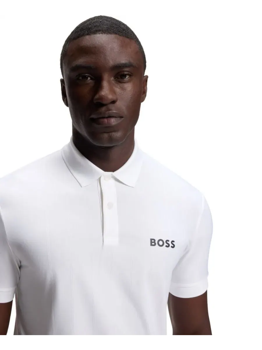 Поло с коротким рукавом, с принтом, BOSS by Men's Four-Way Stretch Stripe-Jersey Slim-Fit Polo — изображение 5 из 5, белый