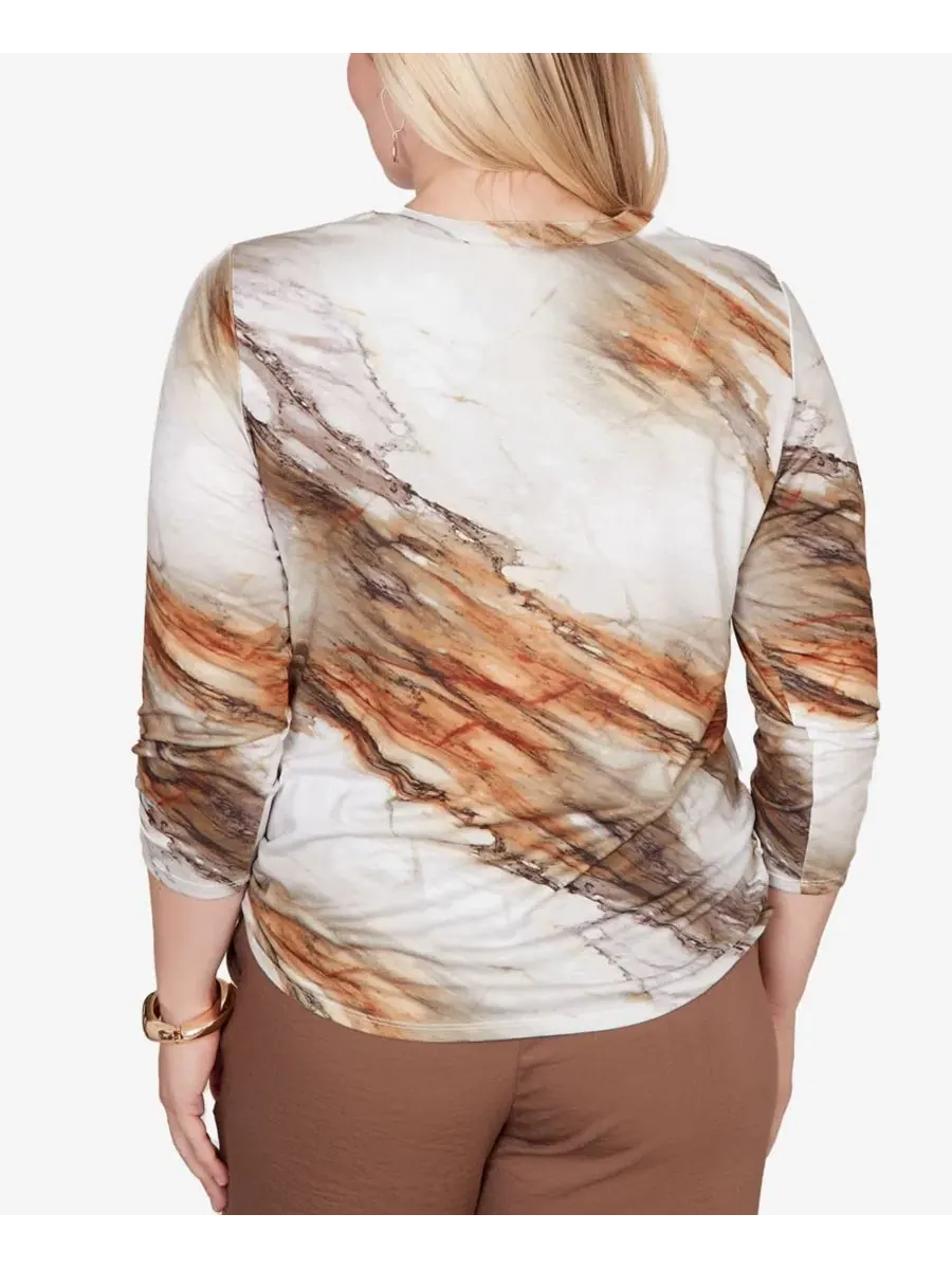 Блуза с разрезом, с принтом, модель Spice Market Marble Print Alfred Dunner — изображение 5 из 5, коричневый мульти