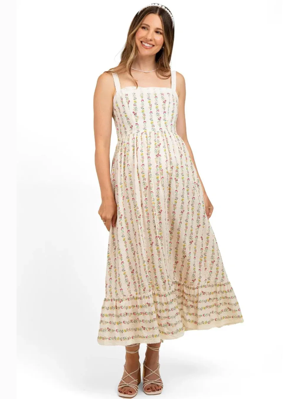 Платье макси из хлопка с кружевной отделкой, модель Floral Textured Pinkblush — изображение 2 из 4, бежевый
