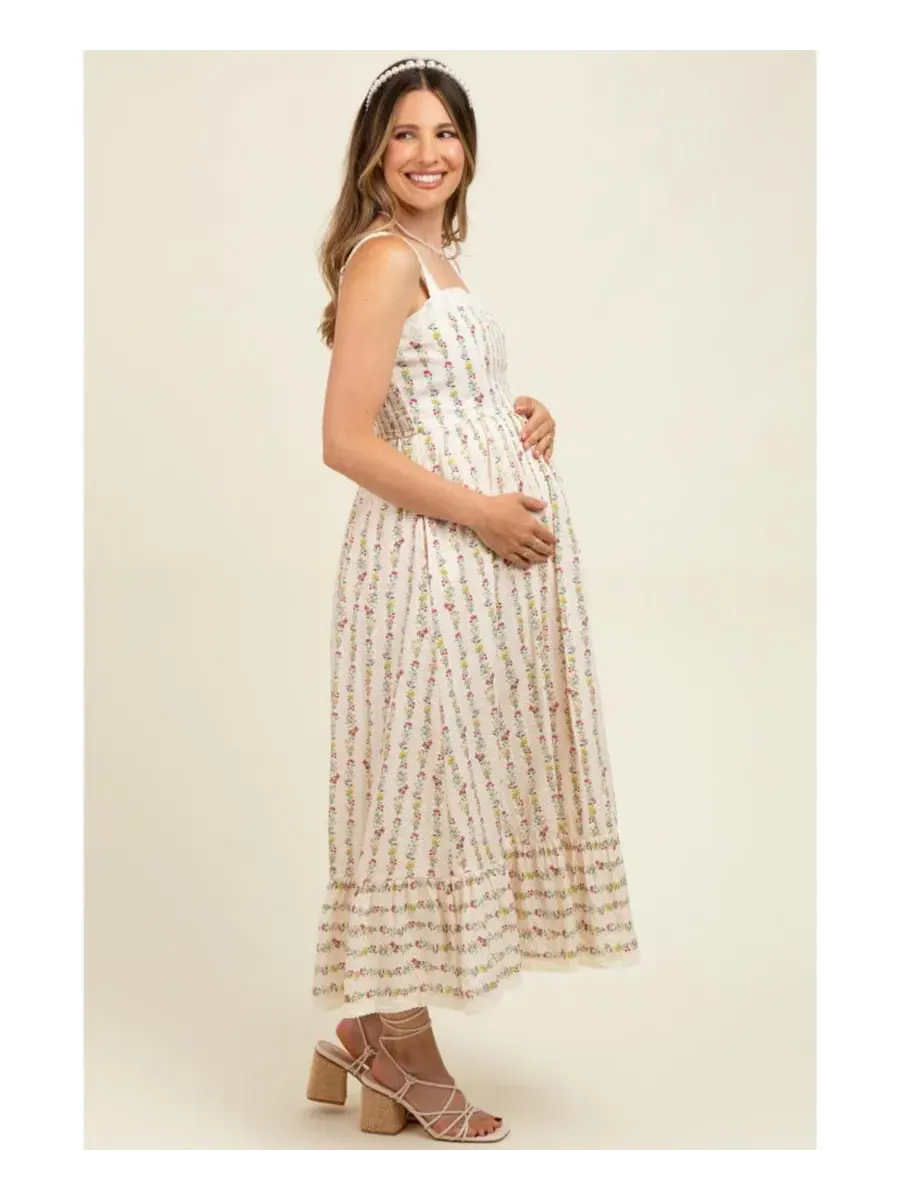 Платье макси из хлопка с кружевной отделкой, модель Floral Textured Pinkblush — изображение 3 из 4, бежевый
