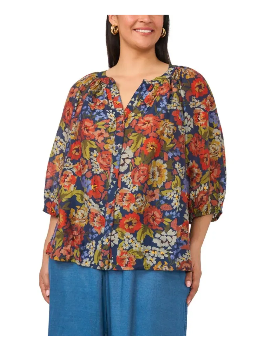 Блуза с V-образным вырезом, рукавом реглан 3/4 и принтом, модель Raglan Sleeve V-Neck 3/4-Sleeve