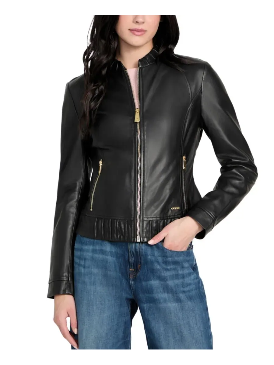 Женская кожаная куртка без воротника на молнии спереди GUESS