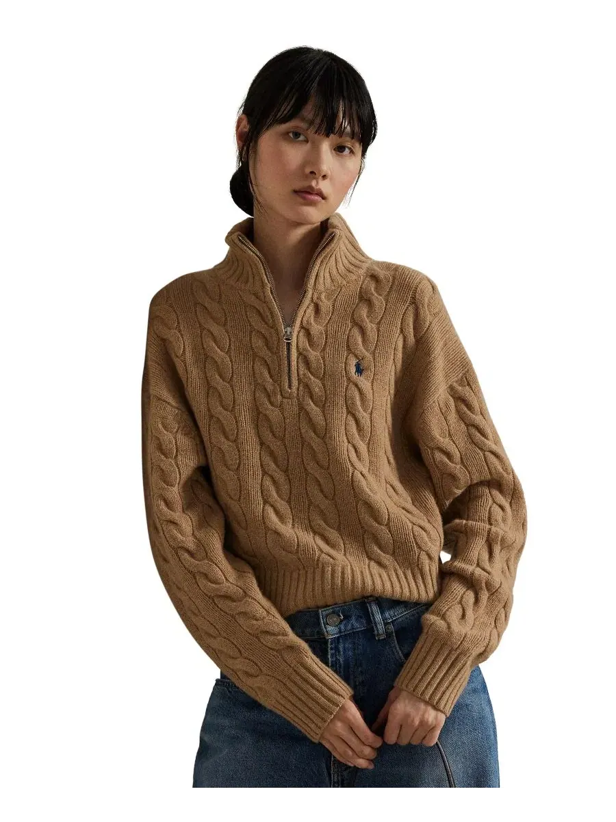 Свитер из кабельной вязки с полузастежкой-молнией Polo Ralph Lauren, Collection Camel Melange