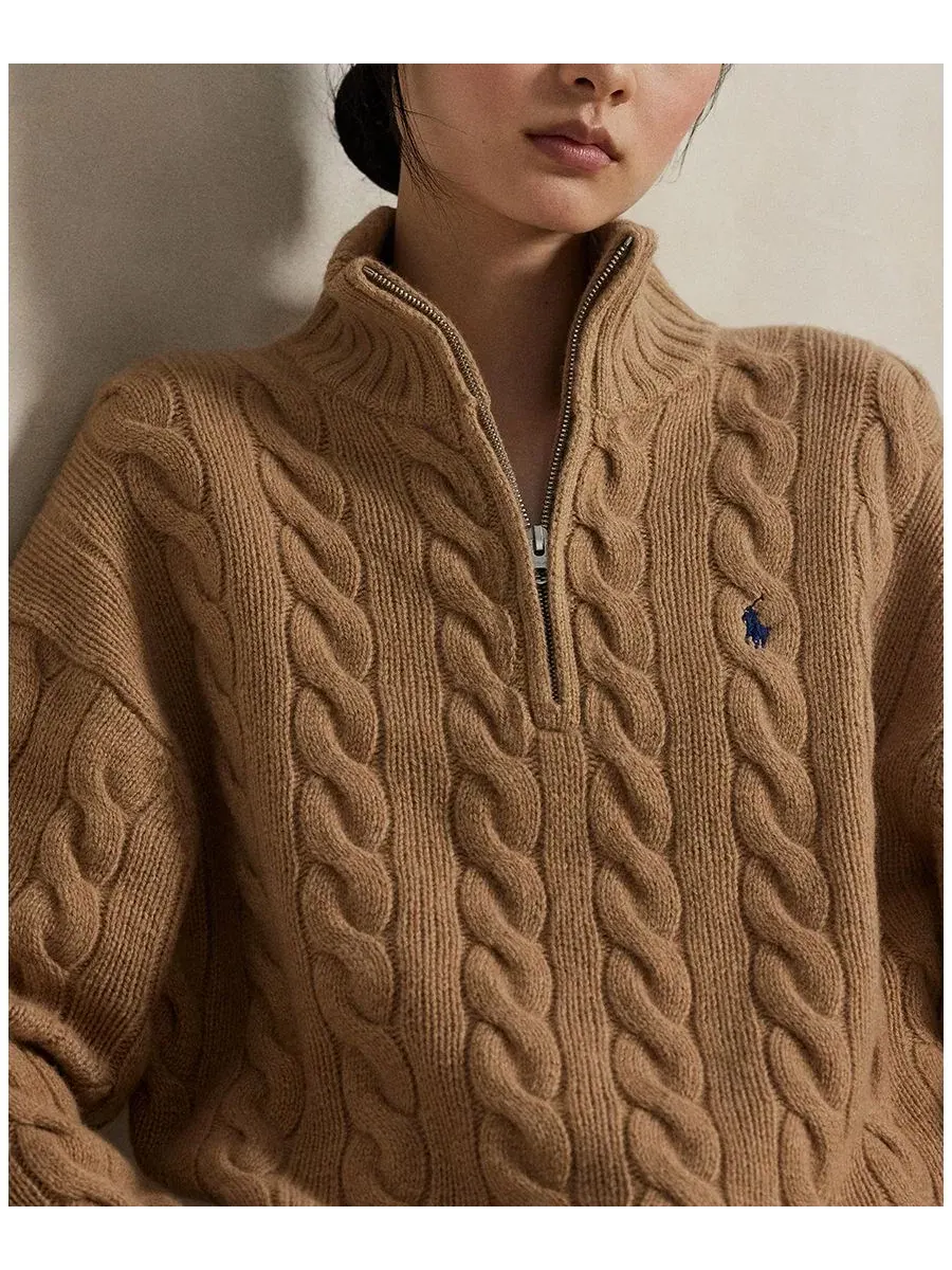 Свитер из кабельной вязки с полузастежкой-молнией Polo Ralph Lauren, Collection Camel Melange — изображение 3 из 6