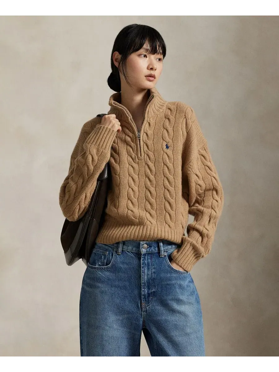Свитер из кабельной вязки с полузастежкой-молнией Polo Ralph Lauren, Collection Camel Melange — изображение 5 из 6