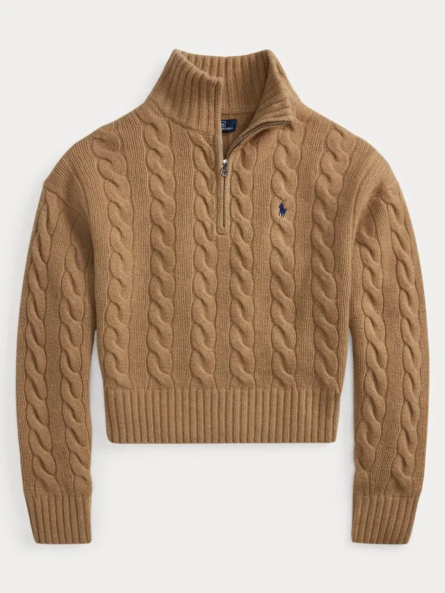 Свитер из кабельной вязки с полузастежкой-молнией Polo Ralph Lauren, Collection Camel Melange — изображение 6 из 6