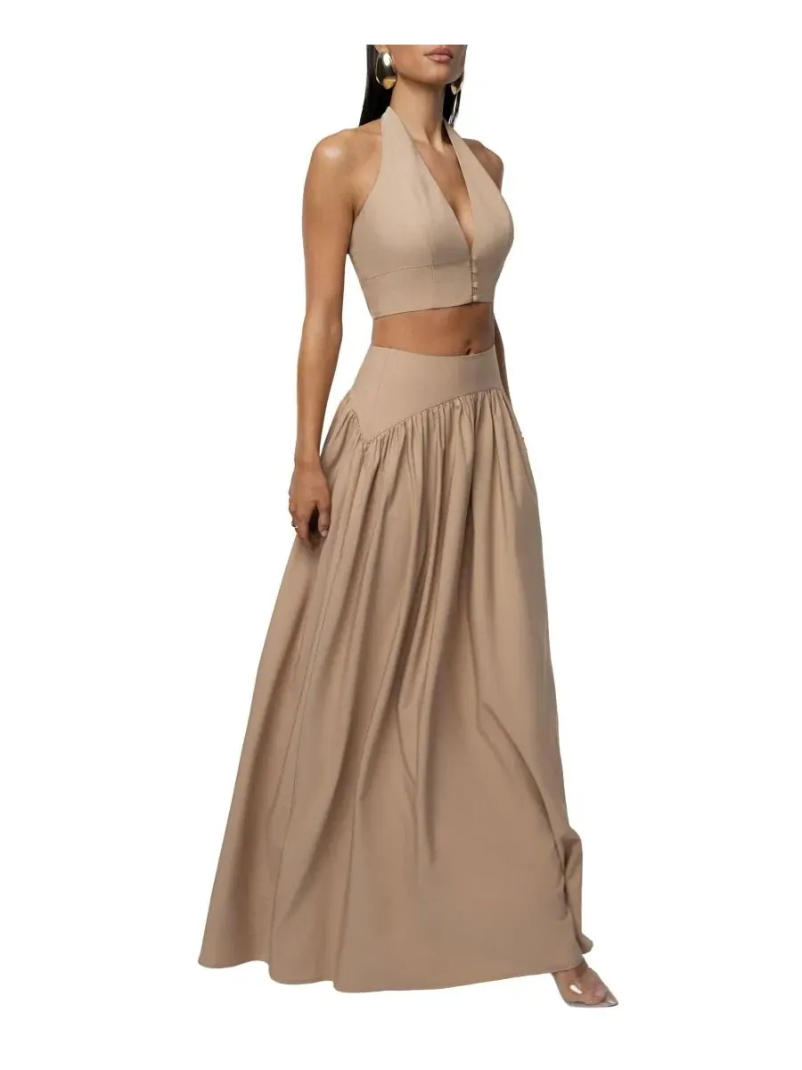 Комплект из топа-халтер и юбки макси Haven Skirt Set JLUXLABEL — изображение 5 из 7, бежевый