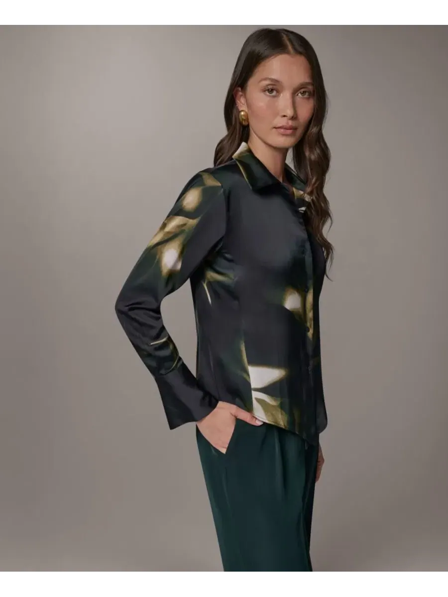 Блузка с воротником и пуговицами Petite Collared Button-Front Blouse Donna Karan New York — изображение 3 из 8, оливковый