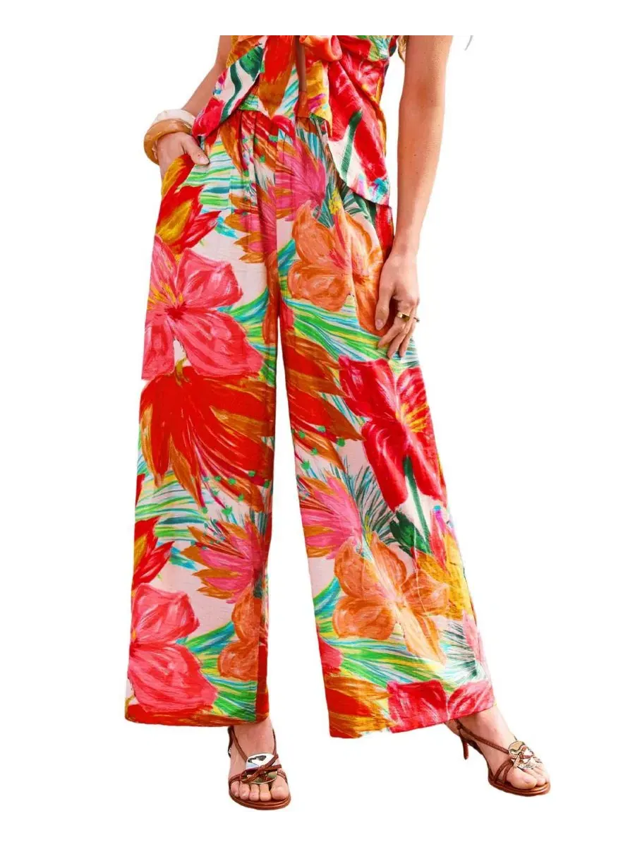 Штаны с цветочным принтом Just Like Spring Floral Cupshe — изображение 2 из 3, красный