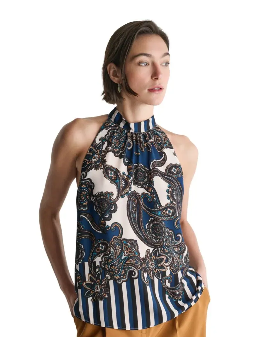 Блуза без рукавов с принтом, модель Halter Sleeveless Print BCBG — изображение 3 из 8, черный мульти