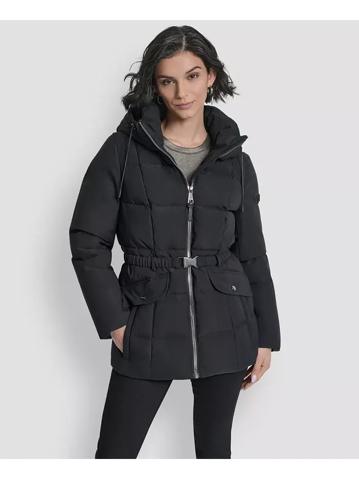 Женское стеганое пальто с капюшоном и поясом DKNY