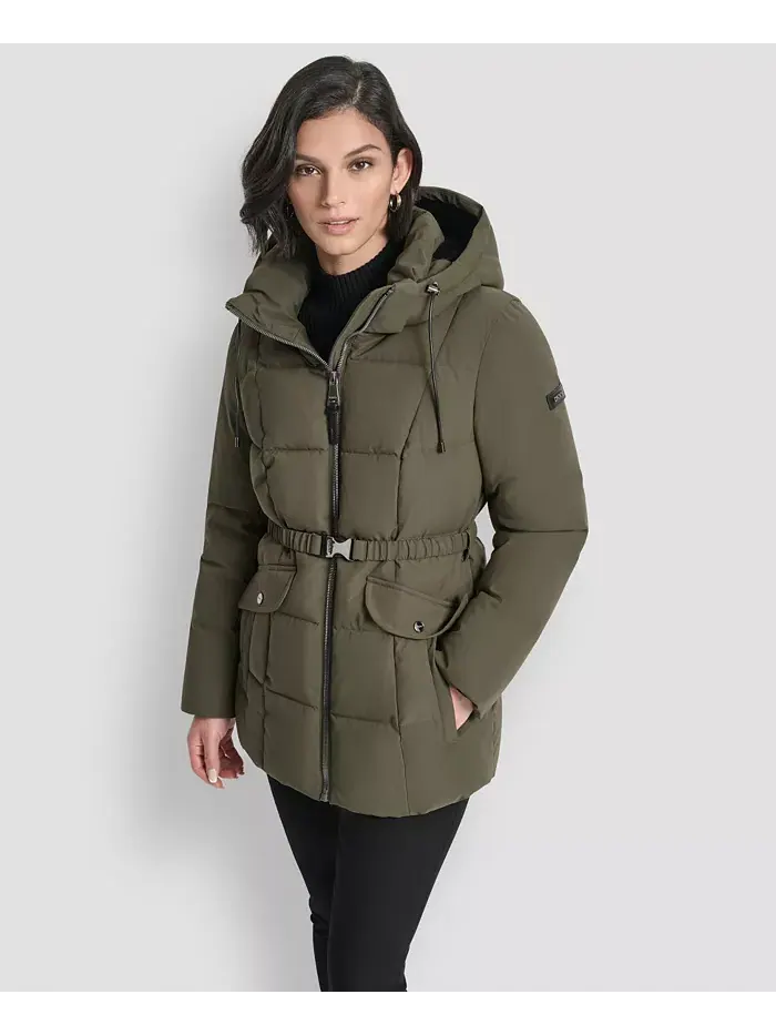 Женское стеганое пальто с капюшоном и поясом DKNY — изображение 1 из 10, лоден