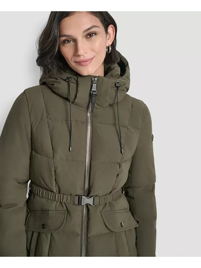 Женское стеганое пальто с капюшоном и поясом DKNY — изображение 3 из 10, лоден