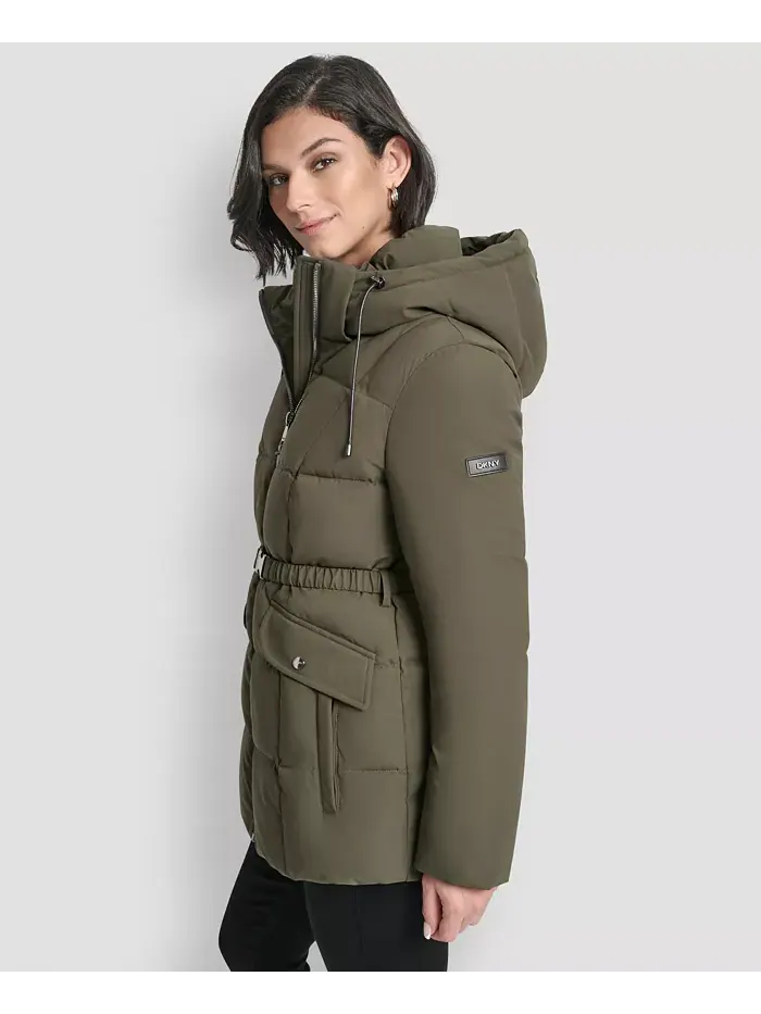 Женское стеганое пальто с капюшоном и поясом DKNY — изображение 4 из 10, лоден
