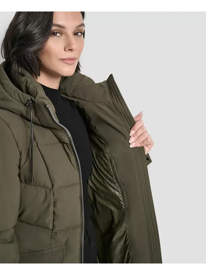 Женское стеганое пальто с капюшоном и поясом DKNY — изображение 6 из 10, лоден