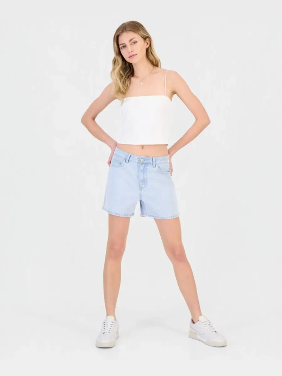 Джинсовые шорты с вышитыми сердечками для подростков Angel Jeans — изображение 3 из 4, светлая стирка