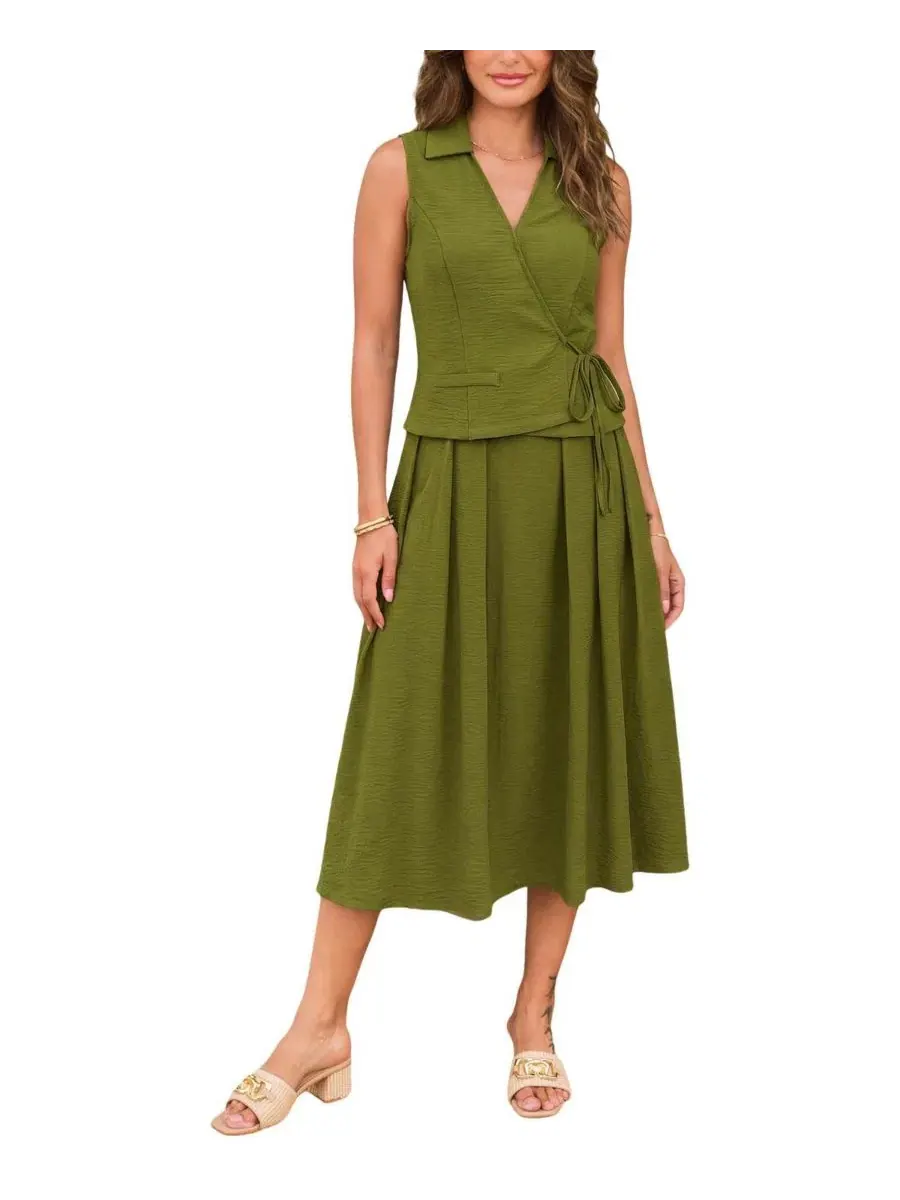 Комплект из блузы с воротником и юбки с завязкой, модель Collared Tied Front Skirt Set Cupshe