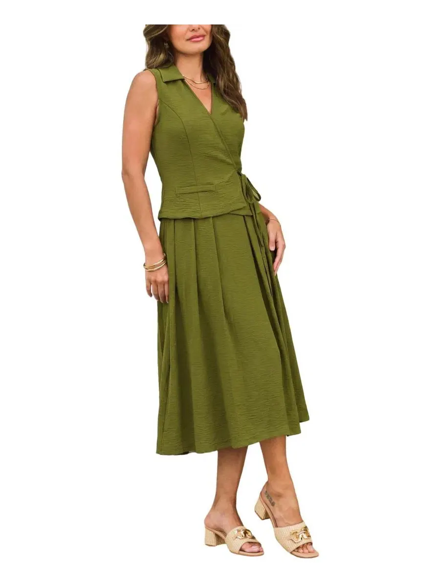 Комплект из блузы с воротником и юбки с завязкой, модель Collared Tied Front Skirt Set Cupshe — изображение 2 из 5